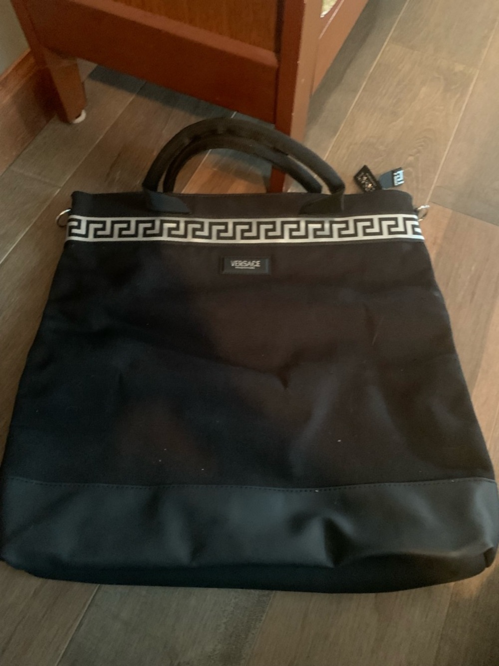 Versace Fragrances Black and White Greek Key Canvas Tote